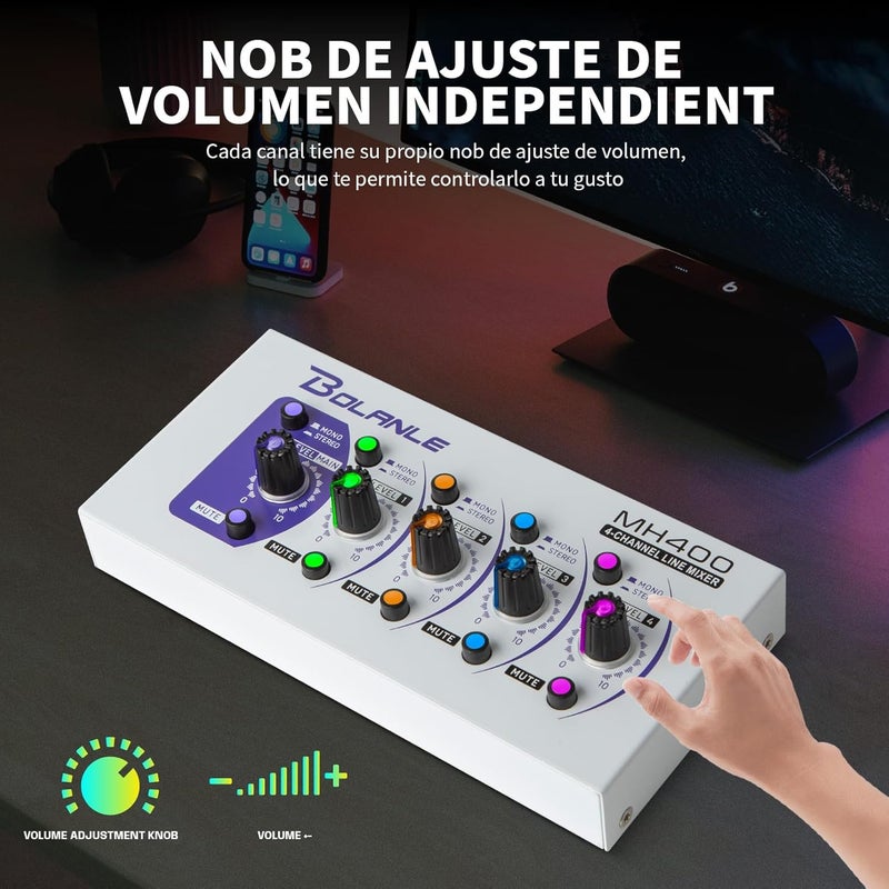 Bolanle Mini Audio Mixer,Stereo Line Mixer for Sub-Mixing,Ultra Low-Noise,4-Channel,Microphone Independent Control, 1/4" & 1/8" TRS Output and Input, for Guitars,Bass,Keyboards (MH400) - Image 3